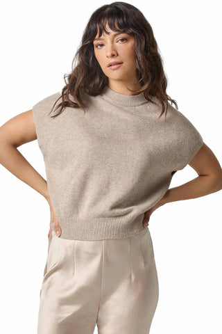 Lilla P Banded Bottom Wedge Sweater in Wheat. wheat-colored sleeveless cashmere blend sweater with mock neck, banded bottom hem, and back zipper detail