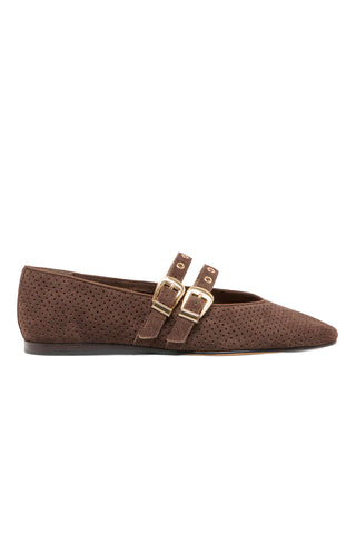 Dolce Vita Baylee Grommet Ballet Flats Brown Perforated Dark brown perforated suede ballet flats with pointed toe, double buckle straps across the front, and gold hardware details