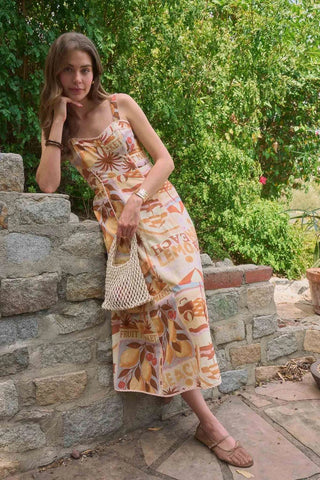 Beach Motif Sleeveless Sweetheart Midi Dress - Ivory Multi Dresses Moon River Monkee's of The Woodlands