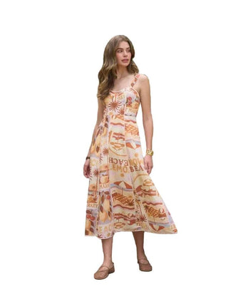 Beach Motif Sleeveless Sweetheart Midi Dress - Ivory Multi Dresses Moon River Monkee's of The Woodlands