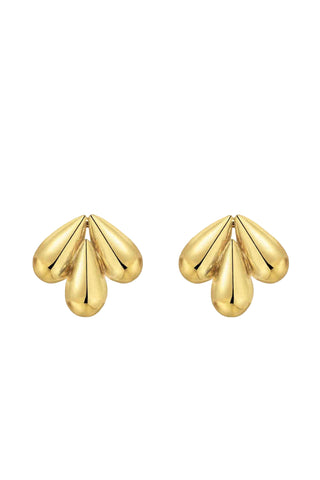 pair of sculptural gold earrings featuring three curved petal shapes in a fan formation with highly polished finish