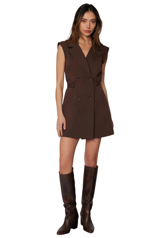 Lost and Wander Bella Vista Romper. brown sleeveless blazer-style romper with double-breasted buttons, lapels, and tailored fit