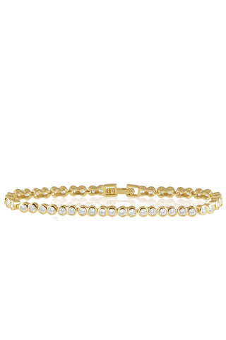 Sahira Gold tennis bracelet with round cubic zirconia stones in bezel settings and secure clasp closure