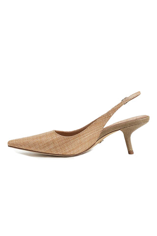 Beige high-heeled shoe on a white background
