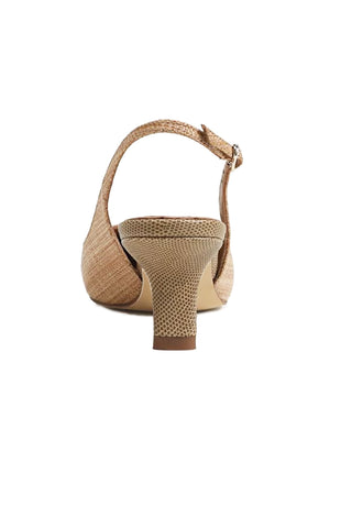 Beige sandal with a woven design on a white background