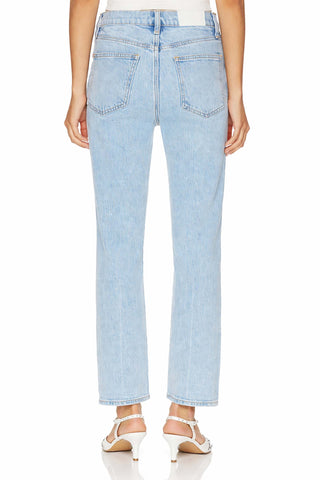 Light blue jeans worn by a person on a white background