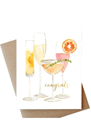 Hand-painted watercolor greeting card featuring champagne flutes and colorful cocktails with "congrats" message, A2 size with kraft envelope
