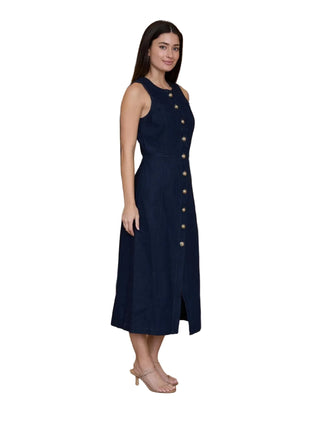 Button Down Sleeveless Denim Midi Dress - Denim Dresses Moon River Monkee's of The Woodlands