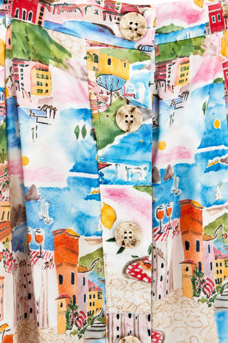 Fabric with colorful Mediterranean village pattern