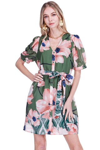 Jade Buttons Gathers Dress - Olive Bloom