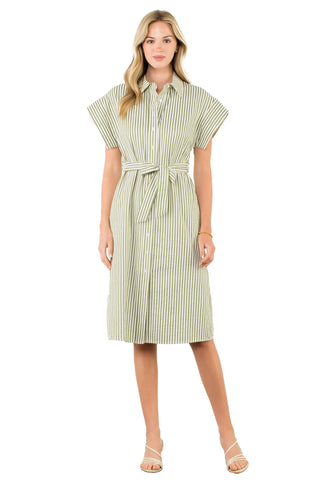   THML Button Striped Dress. sage green and cream striped midi shirt dress with collar, short sleeves, button front, and matching tie belt. 