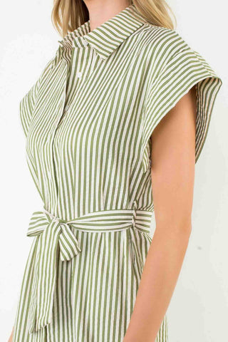 Sage Green Striped Shirt Dress with Belt