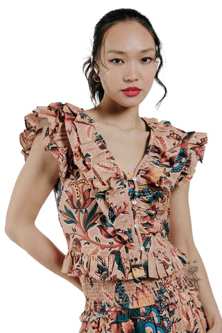 Love the Label Carmella Top in Aster Harvest. Coral floral print top with dramatic cascading ruffles on shoulders and neckline, button front, and peplum hem