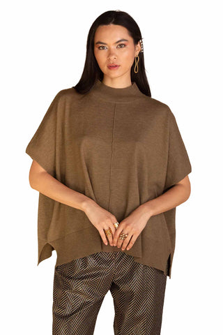 Khaki brown poncho-style knit top with mock neck and ribbed hem