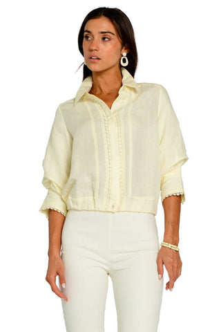 Butter Yellow Waist-Length Button Down With Gathered Sleeves. Elizabeth James Carter Top - Vanilla