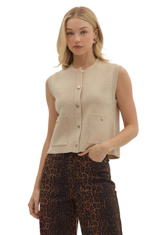 Cream ecru sleeveless cropped sweater vest with gold buttons and front pockets