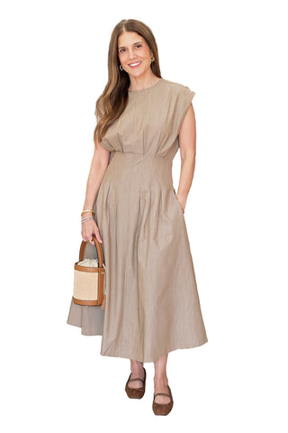 THML Beige linen-blend sleeveless maxi dress with pleated details and cinched waist