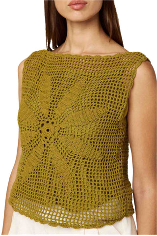 Cleobella Caylee crochet top in moss green with intricate floral open-knit pattern, sleeveless design, scoop neckline, cropped silhouette, and scalloped hem detail made from hand-crocheted cotton yarn