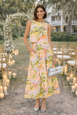 Woman in a floral dress standing in an outdoor setting with candles and chairs.
