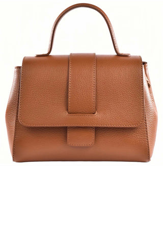 Camel brown leather handbag with structured silhouette, top handle, flap closure, and adjustable shoulder strap, crafted from Italian Dollaro leather"