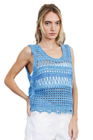 Ciebon Silas Top. sky blue handcrafted crochet sleeveless top with intricate open weave patterns and scalloped hem