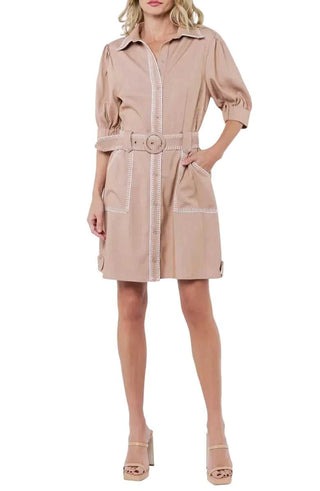 Gelso Whipped Stitched Mini Dress - Taupe Dresses Ciebon Monkee's of The Woodlands