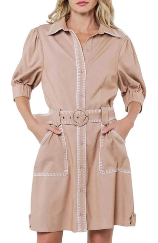 Gelso Whipped Stitched Mini Dress - Taupe Dresses Ciebon Monkee's of The Woodlands