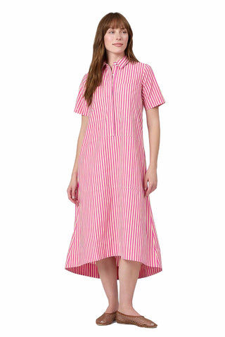 Livro City Dress in Raspberry Pinstripe. Pink and white pinstriped midi shirt dress with collar, short sleeves, and high-low hem