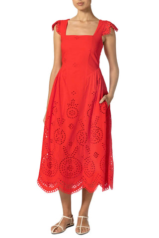Cleobella Kiki Midi Dress in vibrant red with intricate eyelet embroidery, square neckline, cap sleeves with scalloped trim and midi-length skirt with pockets