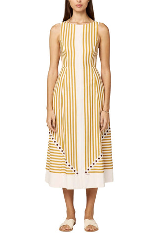 Cleobella Rhiannon ankle dress in cotton-linen blend featuring high neckline with smocking detail, back zipper closure and unique vertical yellow stripe pattern design