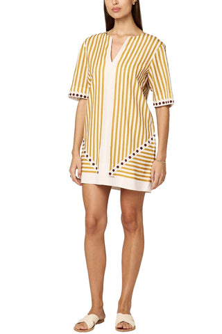 Cleobella Fiona Mini Dress in golden yellow and cream stripes with polka dot trim, v-neckline, elbow sleeves and back zipper closure in linen-cotton blend