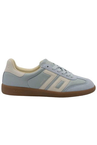 Light blue sneaker with brown sole on a white background