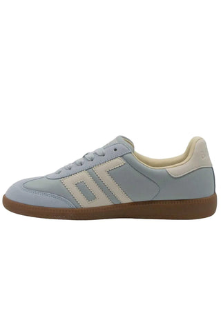 Light blue sneaker with white stripes on a white background