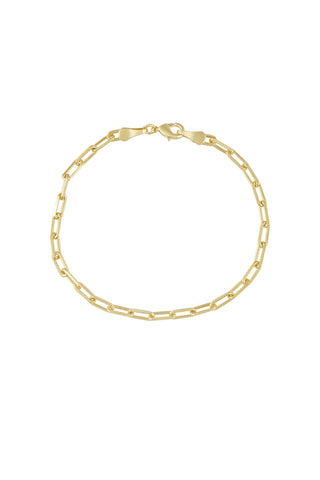 Gold paperclip chain link bracelet with elongated oval links and secure lobster clasp closure
