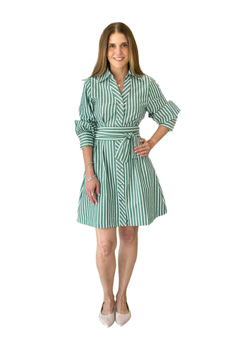 Collar Waist Pleated Shirtdress - Green Stripes