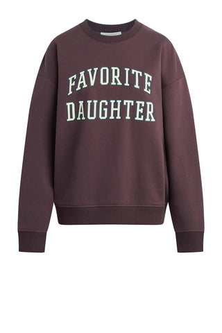 Burgundy oversized sweatshirt with "FAVORITE DAUGHTER" in cream collegiate lettering across chest, featuring drop shoulders and relaxed fit