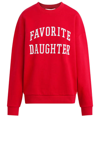 Red oversized sweatshirt with "FAVORITE DAUGHTER" in cream collegiate lettering across chest, featuring drop shoulders and relaxed fit