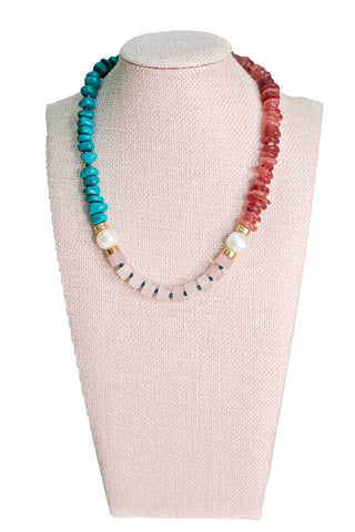 Knotty Bling tricolor block necklace featuring crimson rose and turquoise beads with white and blush segments accented by gold spacer beads in colorblock design