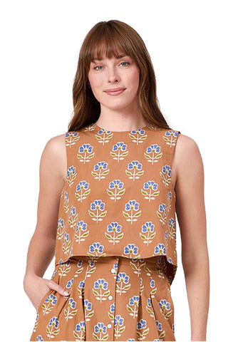  terracotta brown crop top with blue and green floral sprig pattern, featuring sleeveless design and cropped silhouette. Livro Crop Top in Maple Sprigs