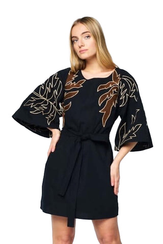 Ceibon Daelyn black mini dress with brown and cream palm leaf embroidery, featuring kimono sleeves and self-tie waist belt
