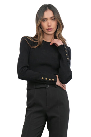 Dani Button Puff Sleeve Ribbed Knit Top - Black
