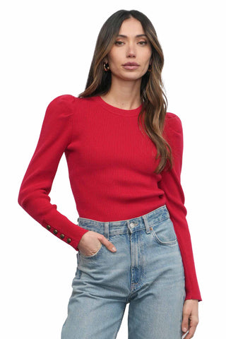 Dani Button Puff Sleeve Ribbed Knit Top - Red