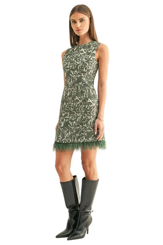 Dariel Faux Feather Hem Sleeveless Jacquard Mini Dress - Moss/Silver Dresses Adelyn Rae Monkee's of The Woodlands