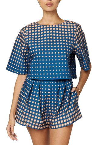 Cleobella David short in blue with white dot pattern, high waist design, side pockets, relaxed fit, and coordinating print perfect for matching sets and casual summer styling