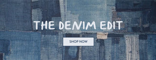 Text 'THE DENIM EDIT' on a denim patterned background with a 'SHOP NOW' button.