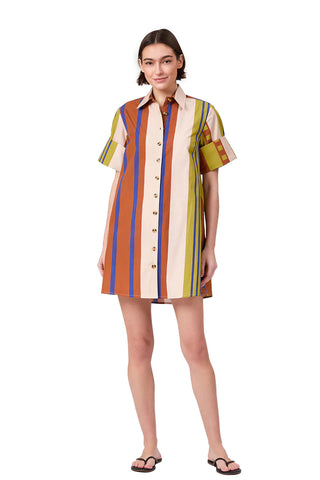 Colorful striped shirt dress with collar, short sleeves, and button front in orange, blue, green, and cream vertical stripes. Livro Dock Dress in Maple Stripes