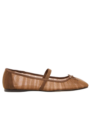 Dolce V ita Raeven Flat in Mid Brown Tulle. Brown ballet flat with sheer tulle overlay, single strap across the foot, and small bow detail at toe