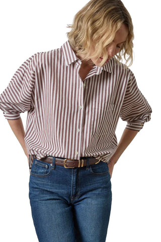 Dolman Sleeve Button Down Shirt - Chestnut Stripe Tops Lilla P Monkee's of The Woodlands