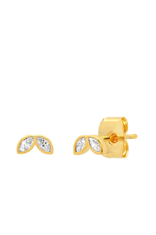 Tai Jewelry Double Leaf Studs. Small gold stud earrings featuring two marquise-cut clear crystals arranged to form delicate leaf shapes in curved formation