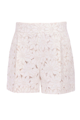 Drew Ivory Shorts in Jute. High-waisted jute-colored eyelet lace shorts with geometric cutwork pattern and tailored fit